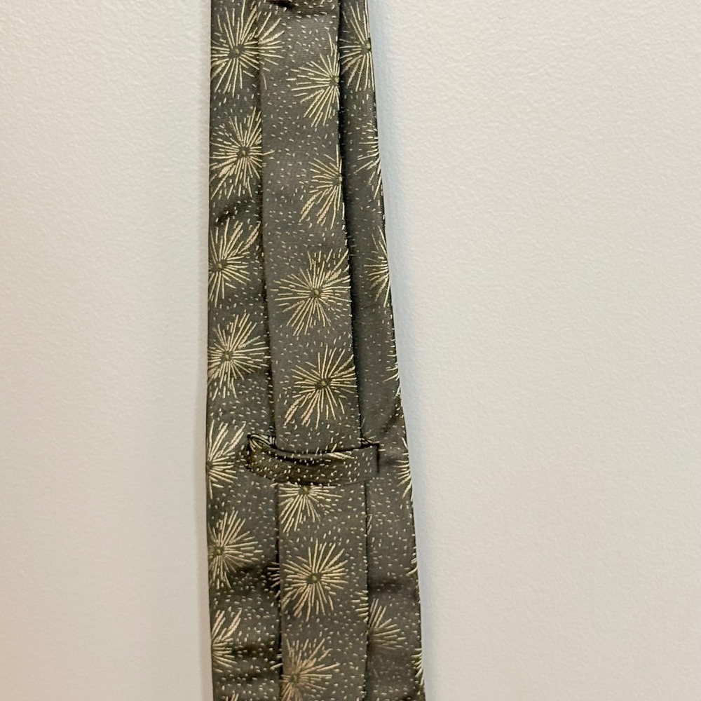 Vintage Starburst Firework Silk Tie Mens Dark Olive Green Gold Hand Made 57" - Picture 9 of 10